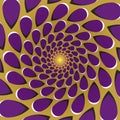 Optical illusion background. Purple drops fly away circularly around the center on golden background