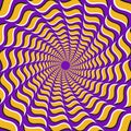 Optical illusion background. Yellow hooks fly apart circularly from the center on purple background