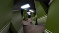 Optical illusion of corridor. Animation. Corridor distorted in space with unusual shapes and darkness at end is