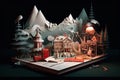 optical illusion of a 3d scene, with the objects and characters coming out of the page