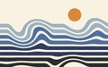 Optical illusion distorted wave with sun. Abstract horizontal stripes vector design. Surreal Pattern.
