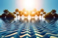 optical illusion of floating beach with palms trees and sun in the background