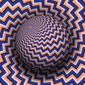 Optical illusion hypnotic vector illustration. Blue pink zigzag stripes patterned sphere soaring above the same surface