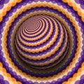 Optical illusion hypnotic vector illustration. Purple orange wavy patterned sphere soaring above the same surface