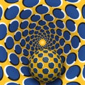 Optical illusion illustration. A ball is moving in yellow blue polka dots rotating hole.