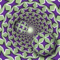 Optical illusion illustration. Two balls with a four pointed stars pattern are moving on rotating purple stars green funnel