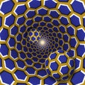 Optical illusion illustration. Two balls with a hexagons pattern are moving on rotating blue hexagons golden funnel