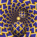 Optical illusion illustration. Two balls are moving in mottled hole. Blue corners on yellow pattern objects