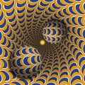 Optical illusion illustration. Two balls are moving in mottled hole. Blue crescent on orange pattern objects