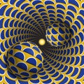 Optical illusion illustration. Two balls are moving in mottled hole. Blue crescent on yellow pattern objects