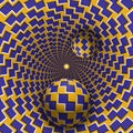 Optical illusion illustration. Two balls are moving in mottled hole. Blue shapes on yellow pattern objects.