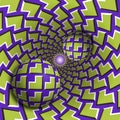 Optical illusion illustration. Two balls are moving in mottled hole. Green corners on purple pattern objects.