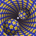 Optical illusion illustration. Two balls are moving in mottled hole. Yellow stars on blue pattern objects