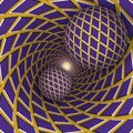 Optical illusion illustration. Two balls are moving on rotating golden background with purple rhombuses.