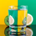 Optical illusion with kiwi and lemon distorted through glass of water, yellow and green background, square