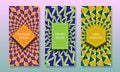 Optical illusion packaging design. Moving geometric backgrounds with frames for text. Set of creative labels templates