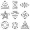 Impossible signs set outline. Linear infinite shapes. Impossible geometric figures. Royalty Free Stock Photo