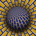 Optical illusion vector illustration. Blue yellow brickwork patterned sphere soaring above the same surface