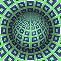 Optical illusion vector illustration. Checkered sphere soaring above the hole. Green blue patterned objects
