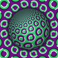 Optical illusion vector illustration. Green purple rings patterned sphere soaring above the same surface Royalty Free Stock Photo
