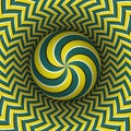 Optical illusion vector illustration. Multiple spiral sphere soaring above the motley surface. Green yellow patterned objects