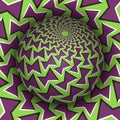 Optical illusion vector illustration. Patterned sphere soaring above the hole. Green purple patterned objects