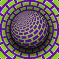 Optical illusion vector illustration. Purple green brickwork patterned sphere soaring above the same surface Royalty Free Stock Photo