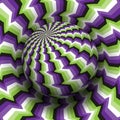 Optical illusion vector illustration. Purple green white black patterned sphere soaring above the same surface