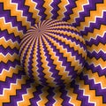 Optical illusion vector illustration. Purple orange zigzag patterned sphere soaring above the same surface