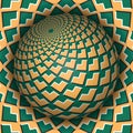 Optical illusion vector illustration. Sphere soaring above the surface. Green orange patterned objects
