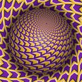 Optical illusion vector illustration. Sphere soaring above the surface. Yellow purple patterned objects