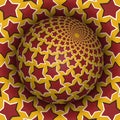 Optical illusion vector illustration. Starry sphere soaring above the hole. Red yellow patterned objects