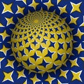 Optical illusion vector illustration. Starry sphere soaring above the surface. Blue yellow patterned objects