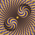 Optical illusion vector illustration. Two multiple spiral balls are moving in rotating hole. Blue yellow patterned objects