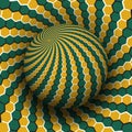 Optical illusion vector illustration. Yellow green hexagons patterned sphere soaring above the same surface