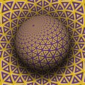 Optical illusion vector illustration. Yellow purple triangular elements patterned sphere soaring above the same surface