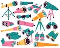 Optical instruments flat icons set. Different devices for education. Microscopes, telescopes,cameras, binocular