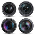 Optical lens realistic. Photo camera digital zoom aim photo reflection detail macro equipment vector collection Royalty Free Stock Photo