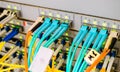 Optical links of high-speed Internet connection. Front panel of the main router of the network access provider. Primary Data Royalty Free Stock Photo