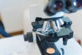 Optical microscope in laboratory. Medical equipment. Concept Science and Technology