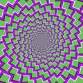 Optical motion illusion background. Green shapes fly apart circularly from the center on purple background