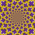 Optical motion illusion background. Purple crosses fly apart circularly from the center on yellow background