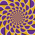 Optical motion illusion background. Purple shapes fly apart circularly from the center on yellow background Royalty Free Stock Photo