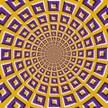 Optical motion illusion background. Purple squares fly apart circularly from the center on yellow background