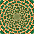 Optical motion illusion vector background. Green bricks shapes move around the center on orange background Royalty Free Stock Photo