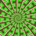 Optical motion illusion vector background. Green brown spiral broken striped pattern move around the center