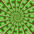 Optical motion illusion vector background. Green brown spiral broken striped pattern move around the center