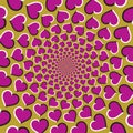 Optical motion illusion vector background. Pink hearts fly apart circularly