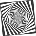 Optical spiral illusion. Black and white alternating strips creating hypnotic effect, vertigo geometric whirl