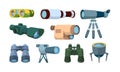 Optical telescope. Binoculars for travellers looking items exploration tools vector collection Royalty Free Stock Photo